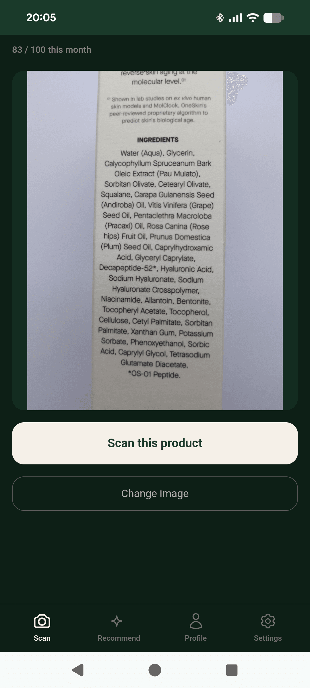 Capturing a cosmetic ingredient list in the Skanna app before analysis