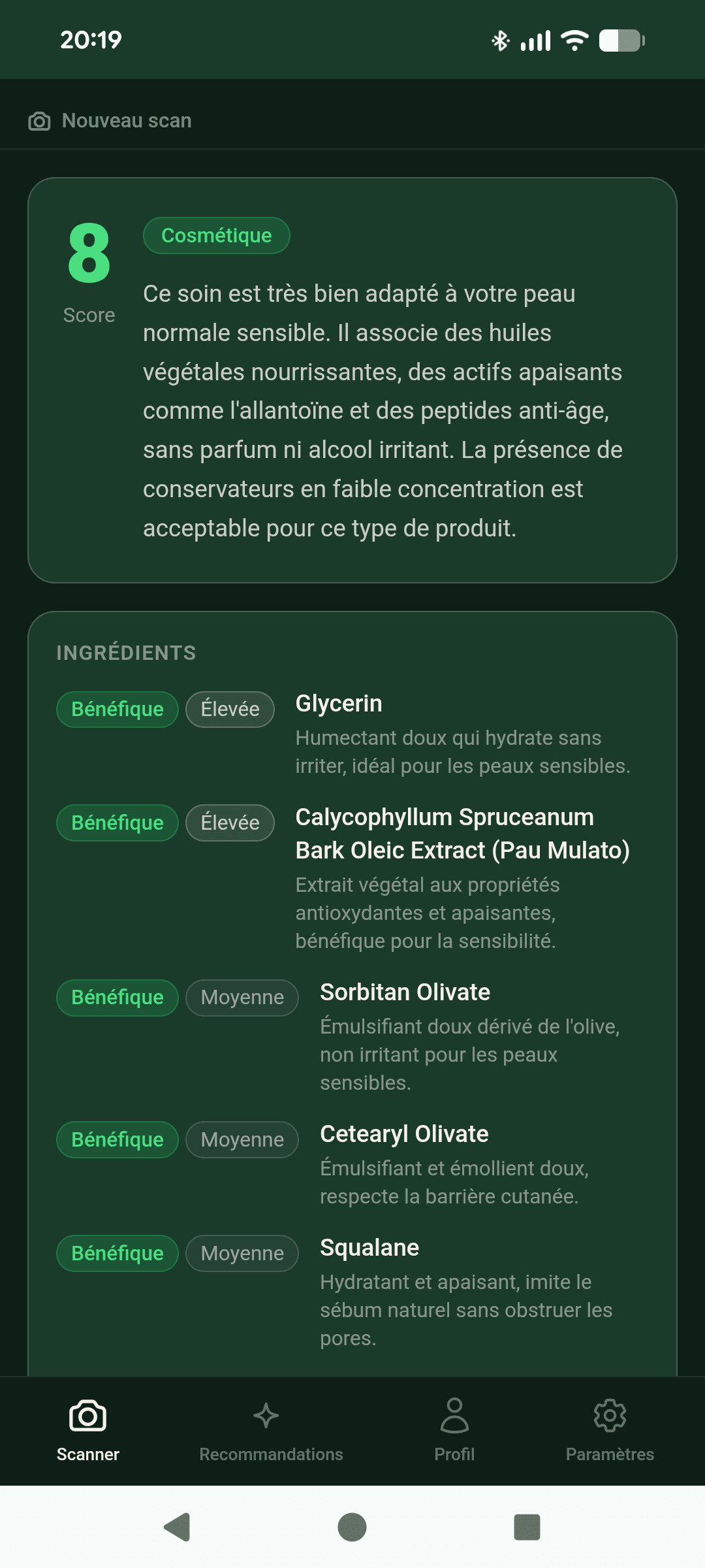 Skanna app scan result showing an ingredient-by-ingredient analysis tailored to a sensitive skin profile