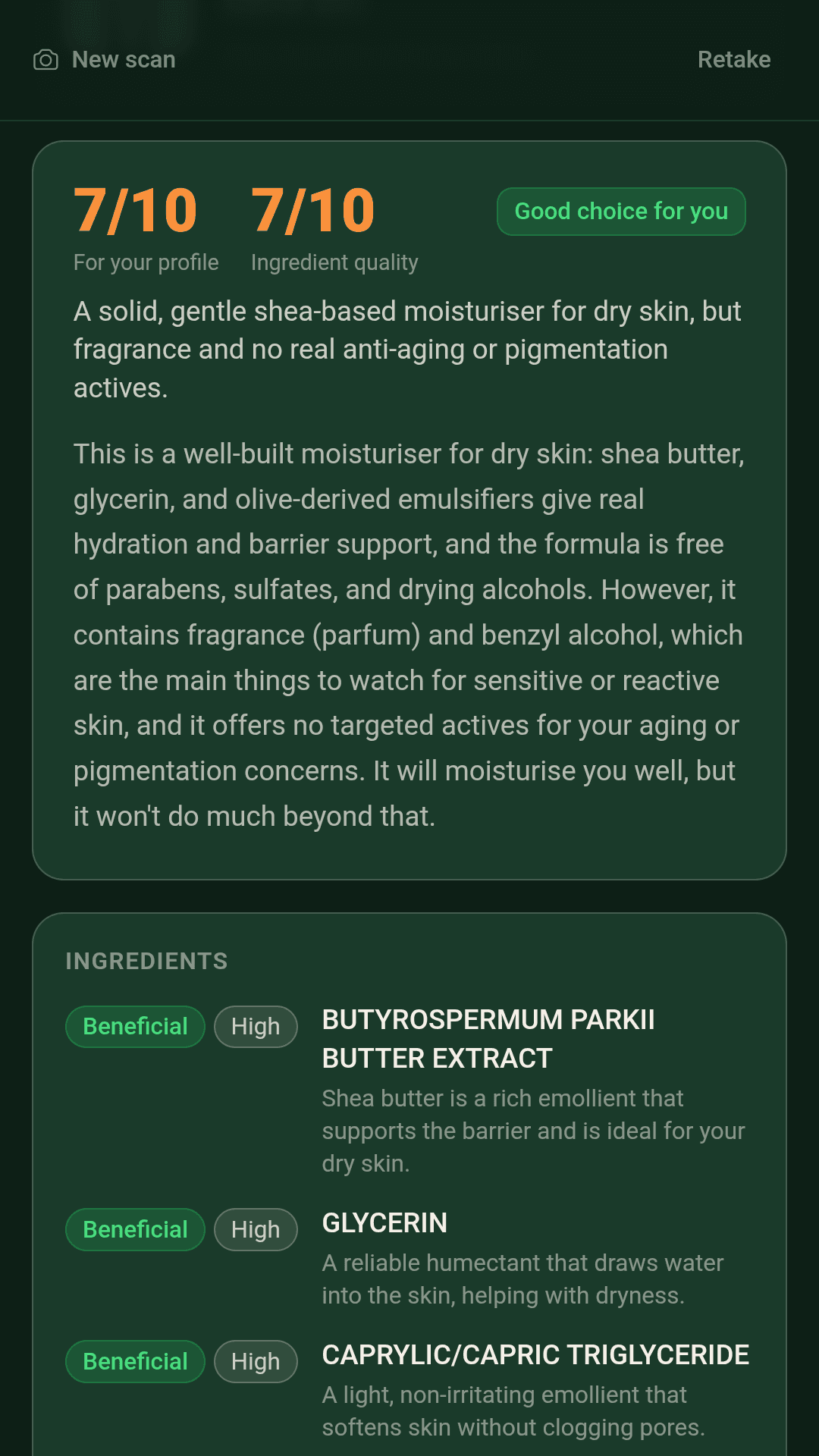 Skanna scan result with two scores — for your profile and ingredient quality — and an ingredient-by-ingredient breakdown