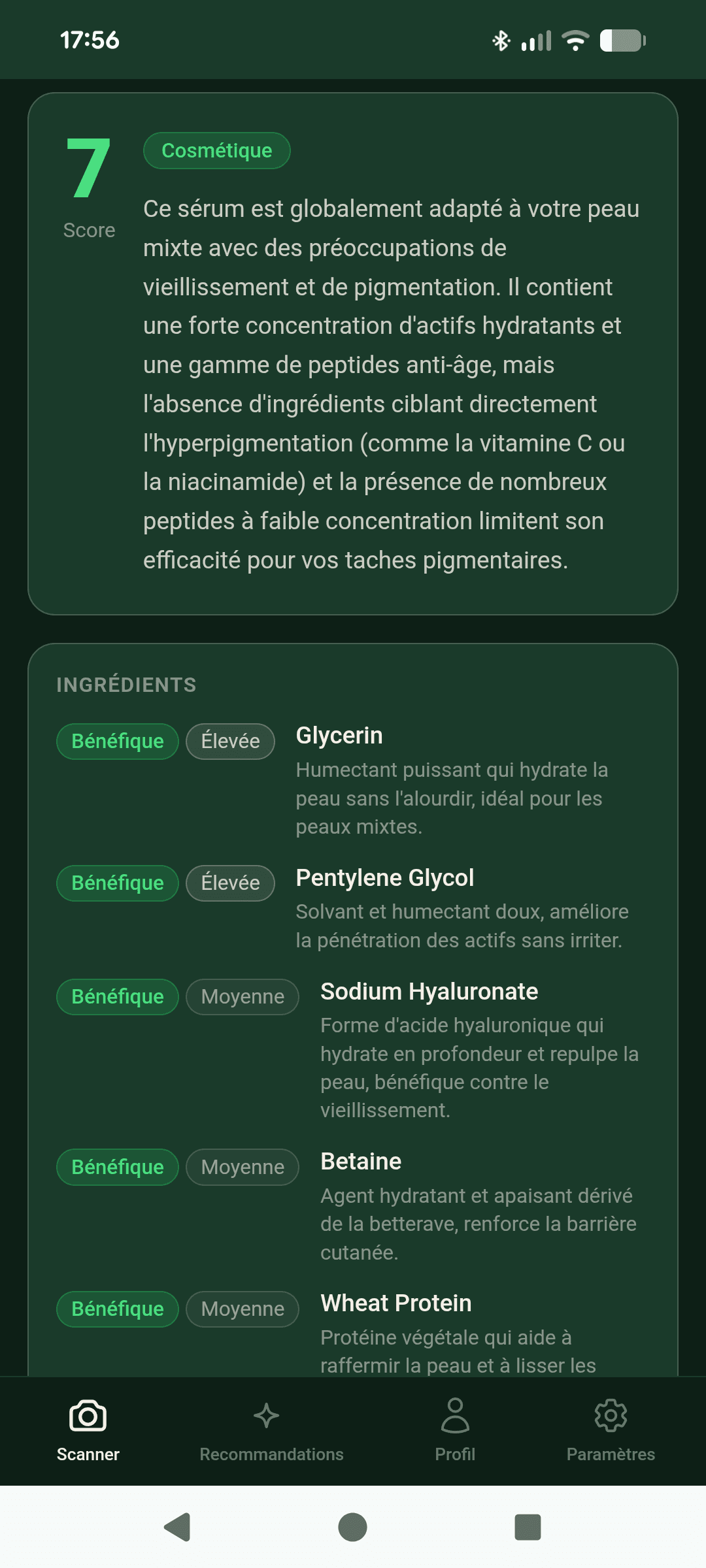 Résultat d'analyse Skanna montrant le score d'un sérum et le détail des ingrédients comme Glycerin et Pentylene Glycol