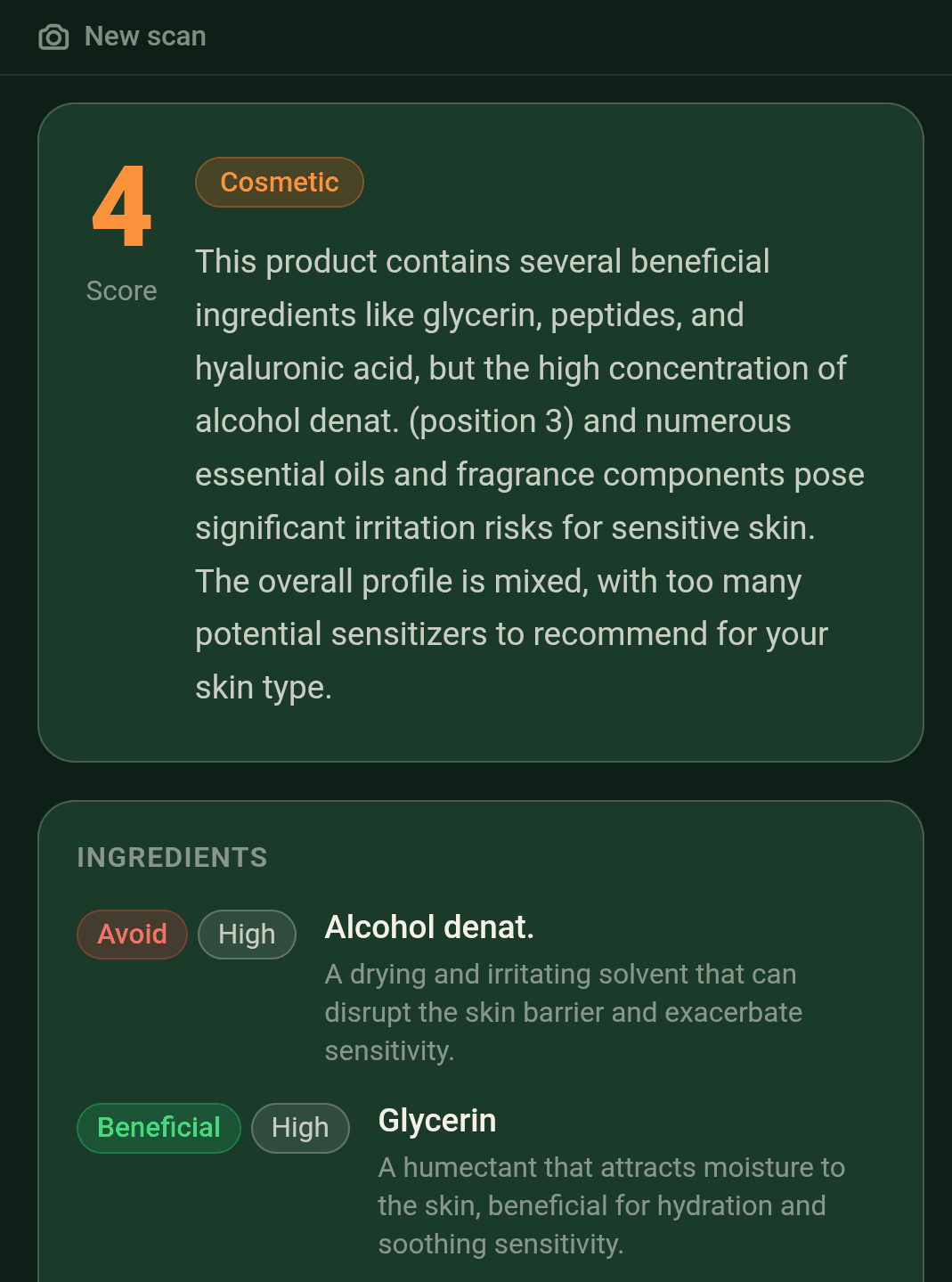 Skanna cosmetic analysis showing a 4/10 score — Alcohol Denat. flagged as Avoid at high concentration, glycerin and caprylic triglyceride marked Beneficial