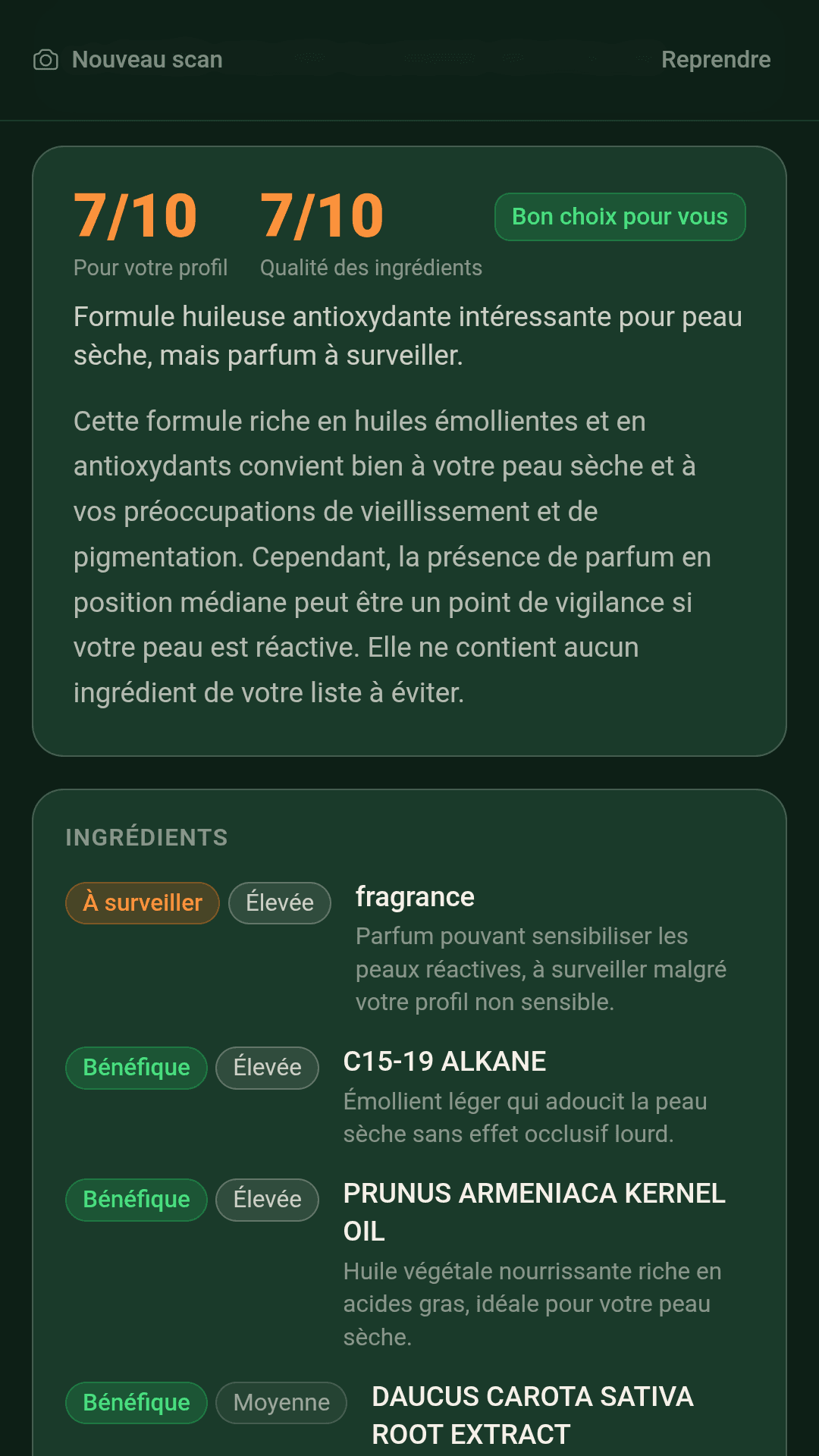 Résultat de scan Skanna avec deux notes — pour votre profil et qualité des ingrédients — et le détail ingrédient par ingrédient