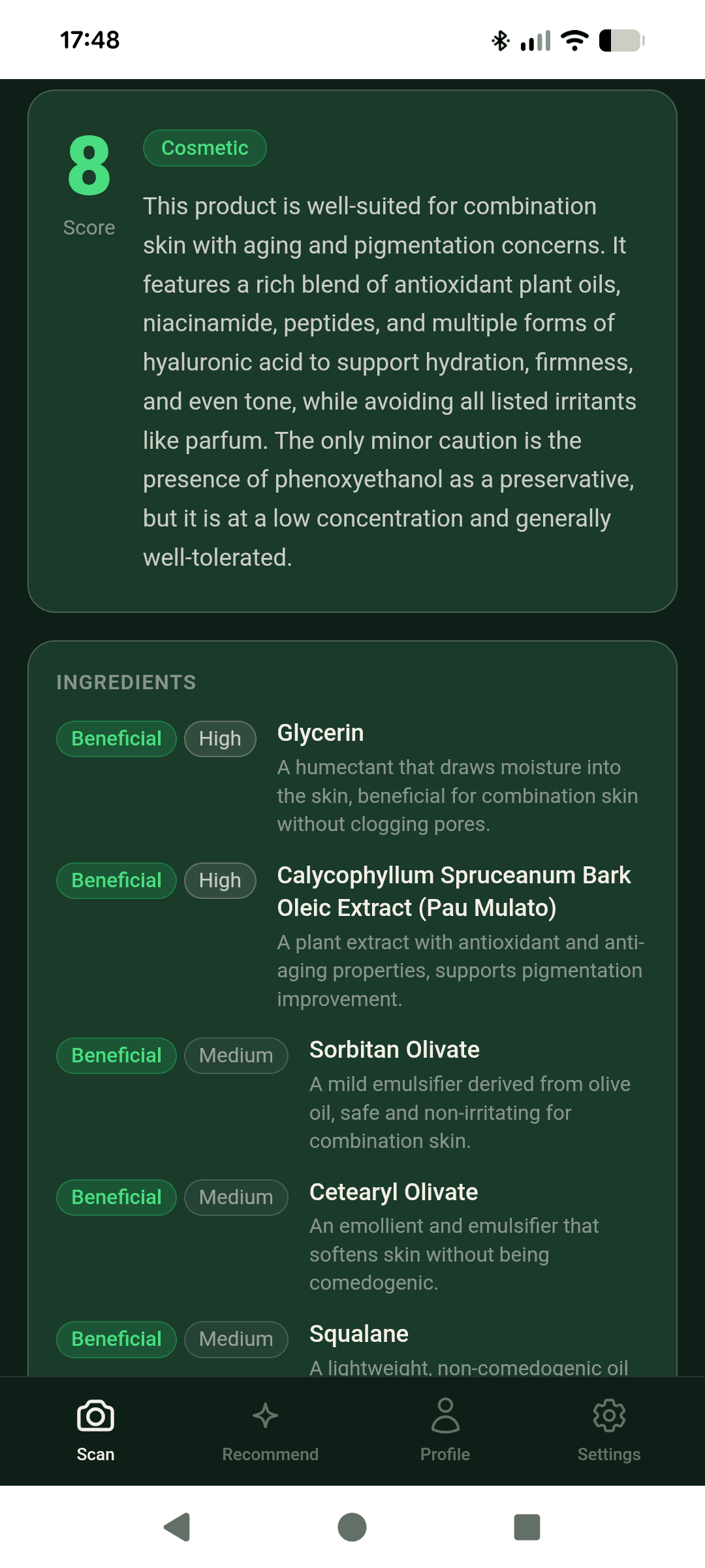 Skanna ingredient analysis showing a score of 8 with a detailed breakdown of beneficial ingredients including Glycerin and Pau Mulato extract