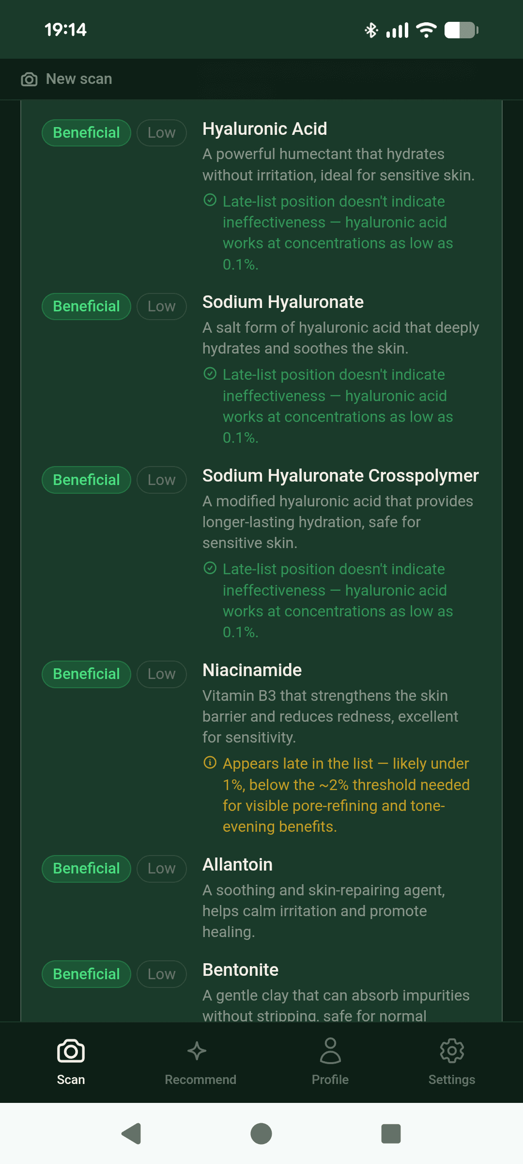 Skanna verdict showing concentration-based analysis of hyaluronic acid and niacinamide in a skincare product
